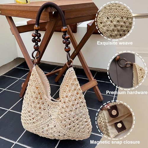 Bolso de playa para mujer, tote con cierre magnético y asa con cuentas, diseño bohemio tejido a mano en ratán, ideal para viajes, citas y compras miniatura 5