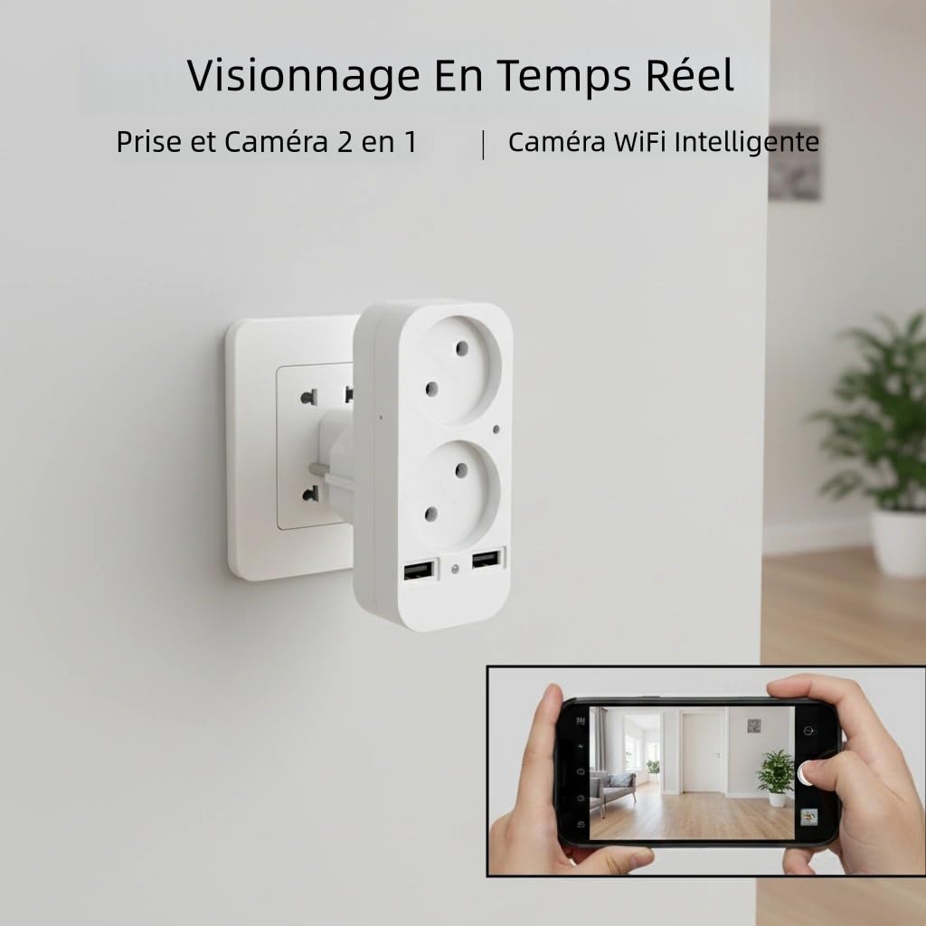 Telecamera Presa, Mini Telecamera HD 1080P, Monitor per Interni, Spina Europea a 2 Poli, USB Tipo A/C, WiFi e Punto di Accesso AP, Visualizzazione a Distanza tramite Applicazione