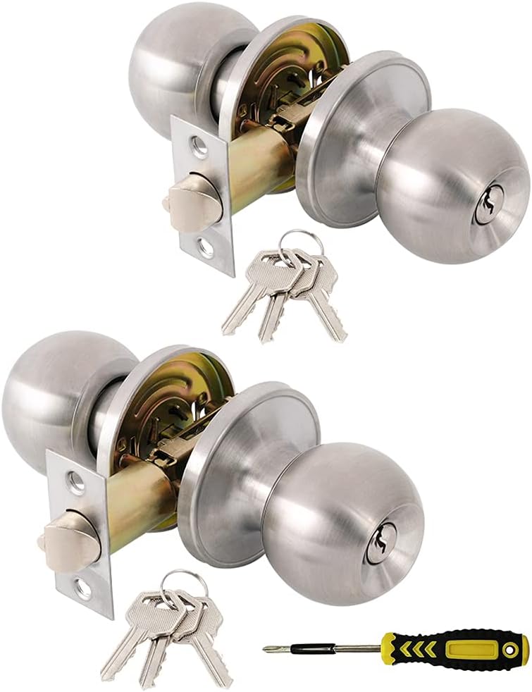 Lanwandeng (2 Pack) Entry Door Knob with Lock and Keys, Exterior/Interior Door Locks with Screwdriver for Bedroom or Bathroom,Satin Nickel Door knobs