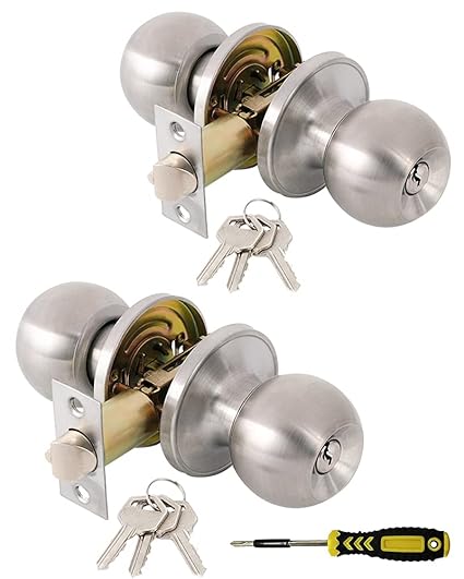 2 Pack Entry Door Knobs with Lock and Key, Front Door Locks, Satin Nickel Standard Ball Handles Exterior Door Lockset