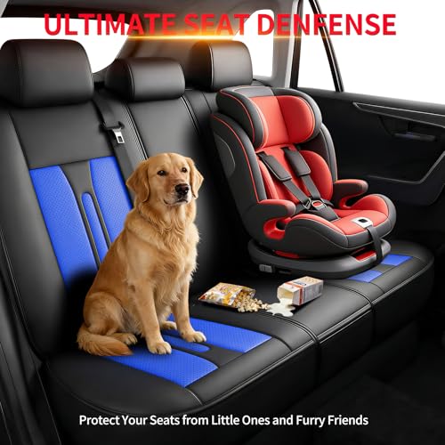 Image of Fit Sierra Car Seat Covers (5 Seats Full Set) Compatible with GMC Sierra 1500 /2500 /3500 2000-2026-Full Coverage Premium Breathable Leather,Airbag Compatible,Waterproof & All-Weather,Black-Blue