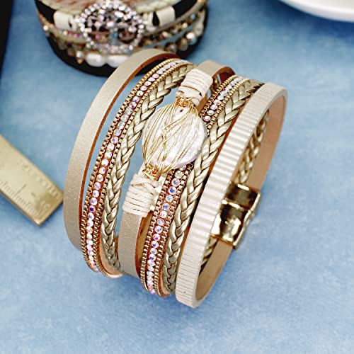 Lightonit Leather Multilayer Bracelet Ladies Bracelets Inspirational Gifts Boho Jewelry Wirh Baroque Pearl Cuff Bangle Bracelet Christmas Gifts For Women Teen Girls #TOP6