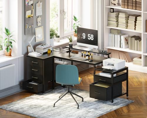 L-Shaped Desk with Drawers and Power Outlet for Home Office, Black
