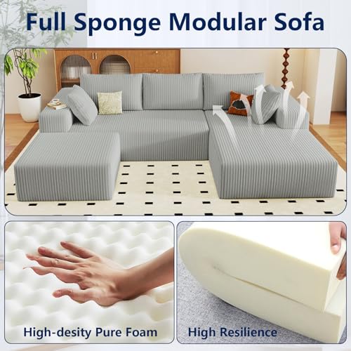 Image of 96 inch Modular Sectional Sofa with Ottoman, Modern Corduroy Cloud Couch with Deep Seat, Boneless Couch Upholstered 3-Seater U-Shaped Sofa for Living Room, No Assembly (Light Grey, Right-Facing Chaise)