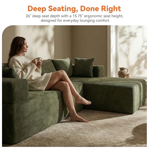 Image of MONVANE 106 inch Cloud Sectional Couch with L-Shaped Chaise, Modular Sectional Sofa with Deep Seat and Removable Armrests, Comfy Corduroy Boneless Couches for Living Room, No Assembly Required, Green