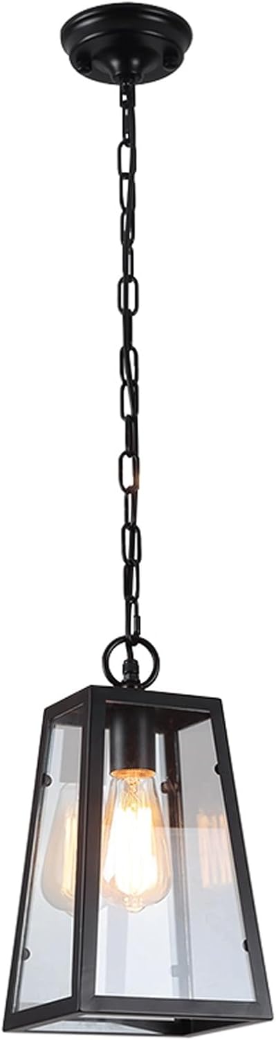Outdoor Modern Farmhouse Pendant Light, Square Lantern Waterproof Hanging Lamp, Industrial Exterior Chandelier Iron with Glass Shade, Adjustable for Porch, Balcony, Hallway, Entryway