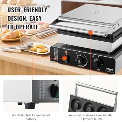 VEVOR Elektrischer Donutmaker, 2 kW Kommerzielle Donutmaschine mit Antihaftbeschichtung, 9 Löcher, Doppelseitige Heizwaffelmaschine für 9 Donuts, 50–300 °C, für Restaurants und den Heimgebrauch – Bild 6