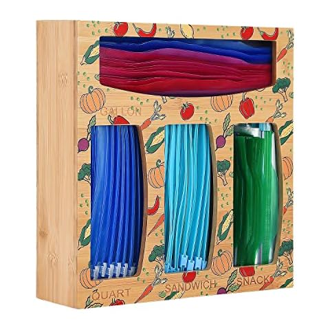 Ziplock Bag Storage Organizer, Bamboo Kitchen Food Baggie Dispenser Box for Drawer Cover
