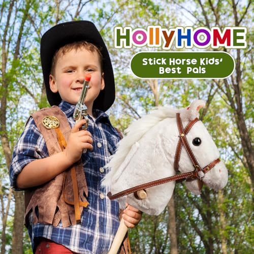 HollyHOME Stick Horse Plush Handcrafted Hobby Horse on a Stick with Wood Wheels Real Pony Neighing and Galloping Sounds for Kids Toddlers White 36 Inches(AA Batteries Required) - Image 5