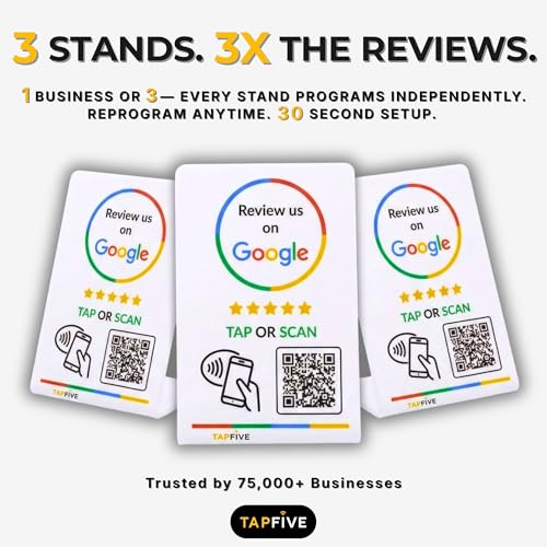 Image of Google Review Stand by TapFive - Tap to Review NFC Tap & QR Code Sign for Restaurants, Salons, Retail & Front Desks | QR Code Stand | No Monthly Fees (White, 3 Stands)