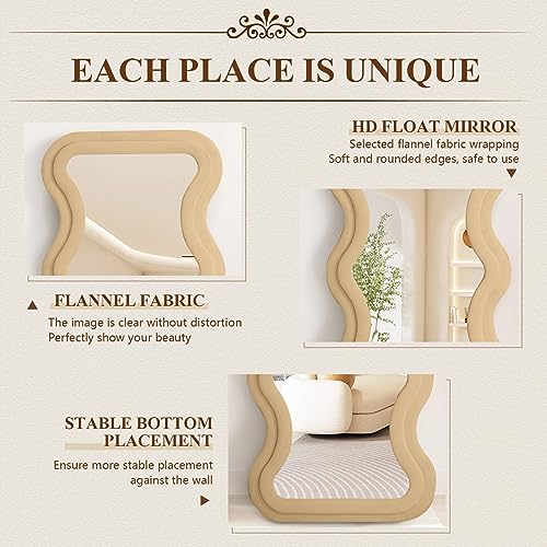 Image of Full Length Mirror 63 inchx24 inch Irregular Wavy Mirror with Flannel Wrapped Wood Frame Floor Mirror for Living Room, Bedroom Hanging or Leaning Wall-Mounted, Milk Teal