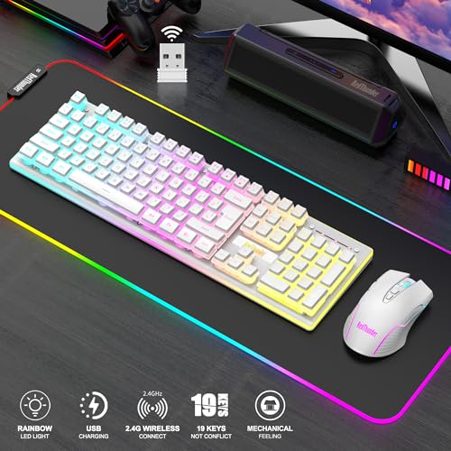 Image of RedThunder K10 Wireless Gaming Keyboard and Mouse Combo, RGB Backlit Rechargeable 3800mAh Battery, Mechanical Feel Anti-ghosting Keyboard + 7D 3200DPI Mice for PC Gamer(White Pudding)