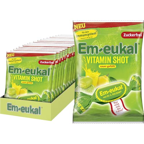 Em-eukal Vitamin Shot Sauer gefüllt 1500g – Bonbons mit einer sauer-fruchtigen Füllung, mit Vitamin C, Vitamin B12 und Vitamin E, zuckerfrei, laktosefrei – 20 x 75g