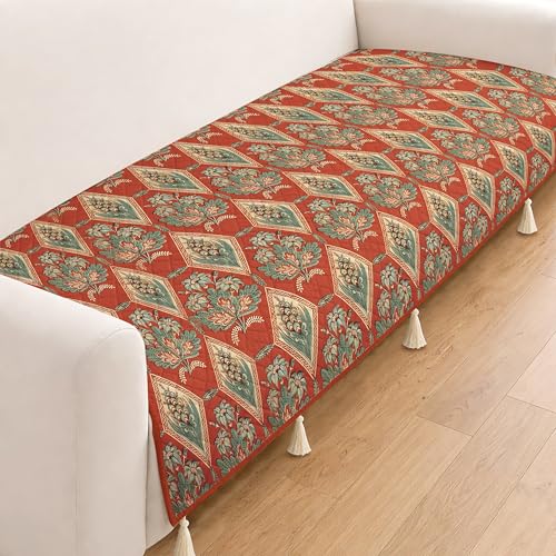 Image of Cloth Fusion Quilted Sofa Cover Seat Mat 2 Seater Chaise, Diamond Trellis | Reversible Jaipuri Print, 150 cm, Seat Cover Only, Decorative Tassel Edging With A Spare, Easy Tuck-In Hold, Not Anti-Slip