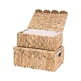 LUSYDECO Set of 2 Scalloped Edge Wicker Basket with Lids, Rectangle Wicker Storage Basket with Built-in Handles, Multipurpose Organizer Rattan Display Boxes for Shelf, Nursery Room
