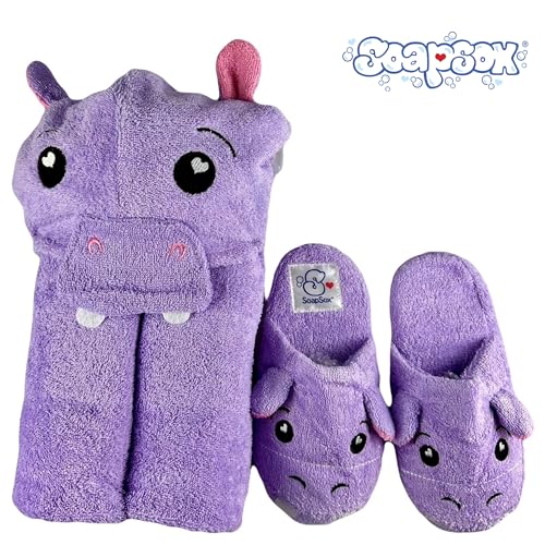 Image of SoapSox Hooded Towel & Slipper Set for Kids - Soft Cotton Towel w /Hand Pockets + Matching Slippers - 27x45 inch Gift Set