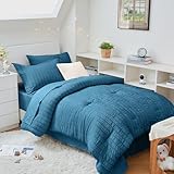 HYMOKEGE Teal Twin XL Comforter Set Seersucker 5 Pieces, All Season Luxury Bed in a Bag for Bedroom, Bedding Set with Comforter, Sheets, Pillowcase & Sham