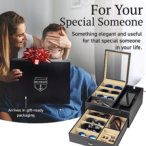 Image of HOUNDSBAY Lookout Sunglasses and Eyeglasses Organizer Storage Display Case Dresser Valet Box Charging Station (Black /Ivory)