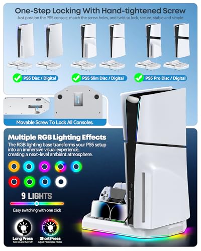 Gersker Soporte de Refrigeración para PS5 Compatible con PS5/Slim/Pro, RGB Cargador para PS5 Mandos Base de Vertical refrigeración para PS 5 con 3 Niveles Ventilador - imagen 3
