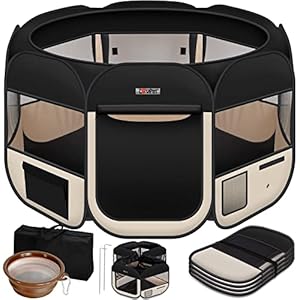 Lovpet® Welpenlaufstall Tierlaufstall Faltbar für Kleintiere Hunde, Katzen Inkl. Hundenapf und Fleece Decke Hundelaufstall Freigehege Oxfordgewebe Pop-up System Indoor & Outdoor, Schwarz/Beige