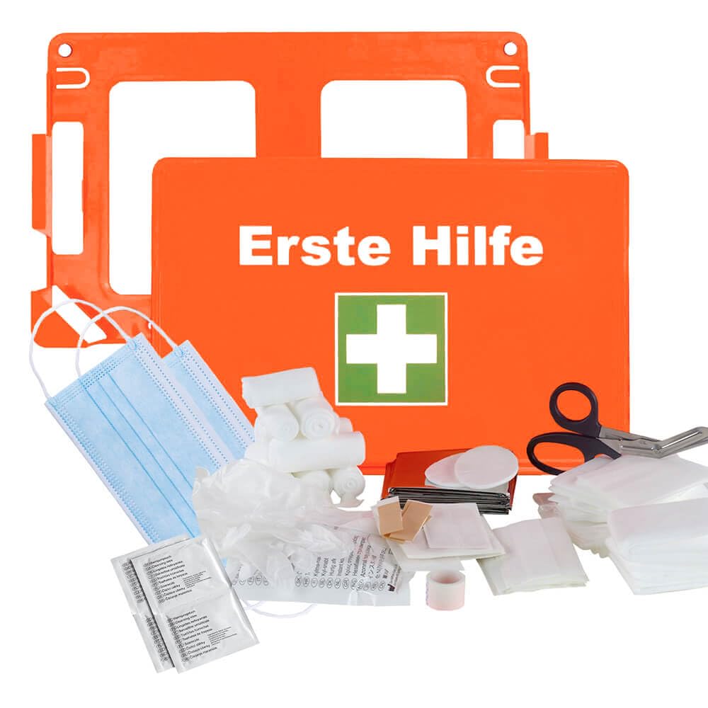 BIGPACK 10x Erste-Hilfe-Verbandkasten, Wandhalter, orange, Kunststoff, DIN 13157 aus Kunststoff, Art.-Nr. 608876 | Verbandskasten | Notfallkoffer | Erste Hilfe Kasten