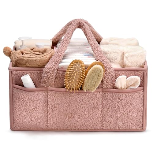 Diaper Caddy Organizer for Baby Shower Plush Sherpa Caddy Organizer Storage Basket with Dividers Nursery Table Car Storage Basket for Wipes Clothes Essentials (Pink)