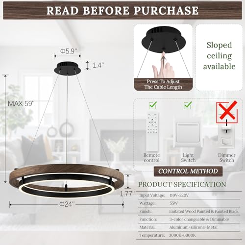 Image of LED 2 Ring Chandelier Dimmable Up Down Light Black Walnut Wood