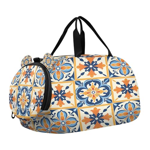 Mexican Talavera Youth Sports & Travel Duffle Bag with Shoe Compartment,Waterproof Gym Bag for Girls and Boys (Overnight Essentials Organizer)