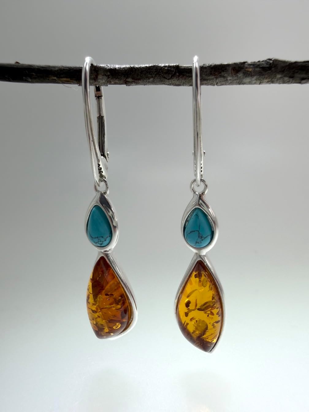 Baltic Amber in Sterling 925 Silver & Turquoise Drop Lever Back Earrings – Multicolor Honey and Lemon Amber
