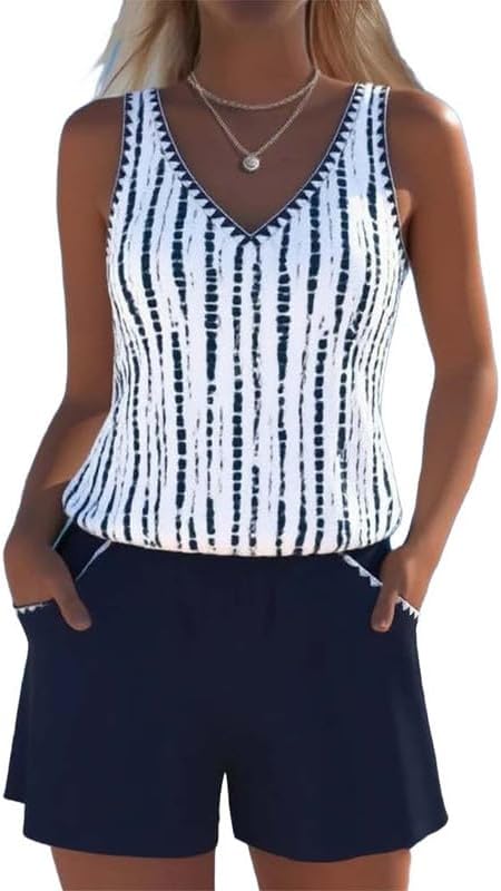 Women's Casual Pocket V-Neck Printed Two-Piece Tankini Swimsuit Wireless Bra Shorts Bottom Fit Vacation Swimwear