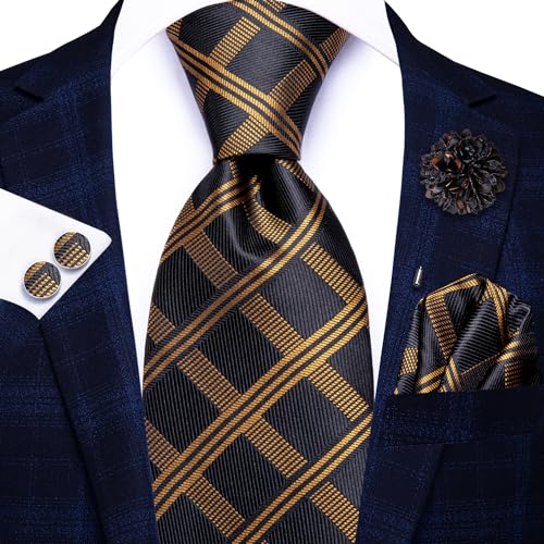 Image of Hi-Tie Formal Black Gold Plaid Ties for Men Necktie Lapel Pin Pocket Square Cufflinks Sets Formal Business Wedding