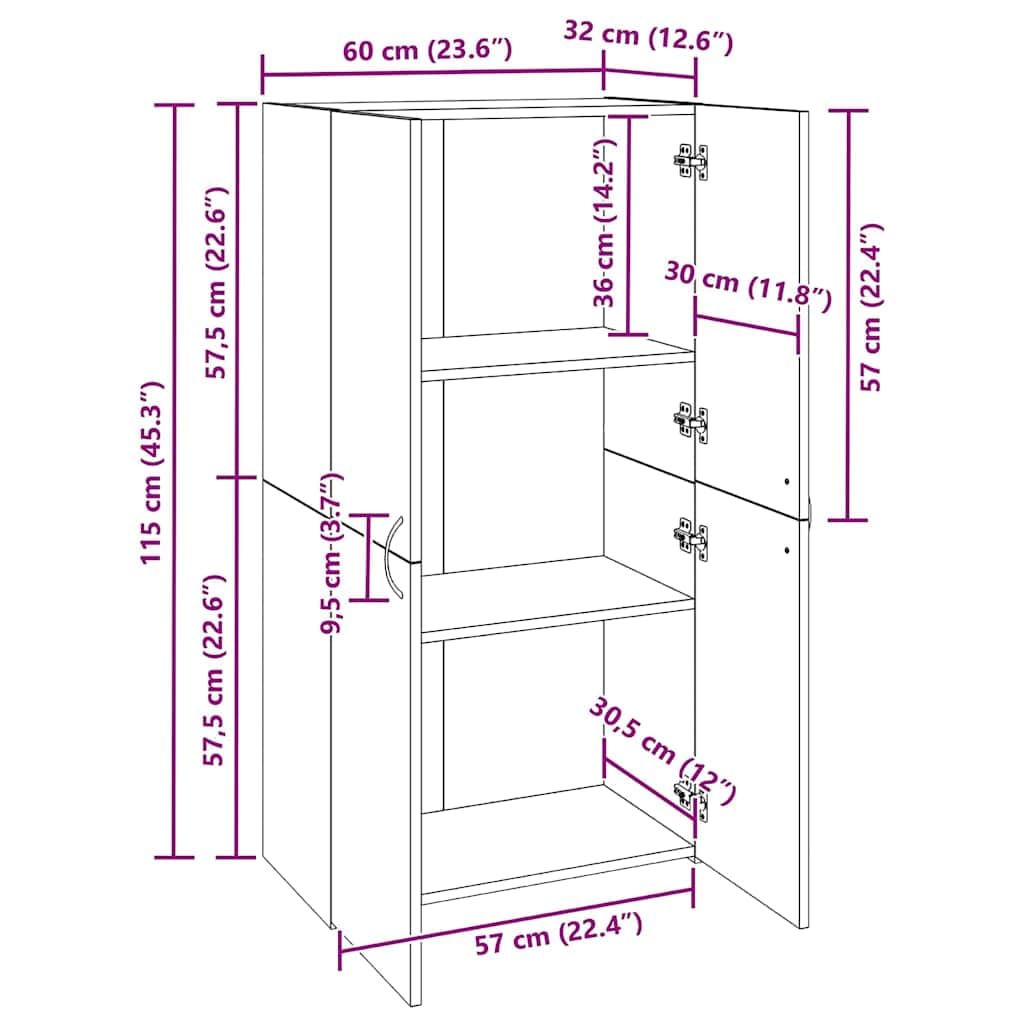 Büroschrank Schwarze Eiche 60 x 32 x 115 cm Holzwerkstoff mit abschließbarer Tür und Regalböden für effiziente Büroorganisation, ideal für Homeoffice und Arbeitszimmer