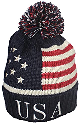 Image of American Flag Beanie Embroidered USA Centurion Font W /Pom Pom