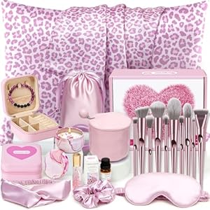 Golray Gifts for Teen Girls – 21Pcs Teenager Gifts Basket with Leopard Satin Pillowcase/Makeup Brush/Mug, Christmas Birthday Gift Set for Women Daughter Sister Niece Tween Girl Kid Toy Age 10 12-18+