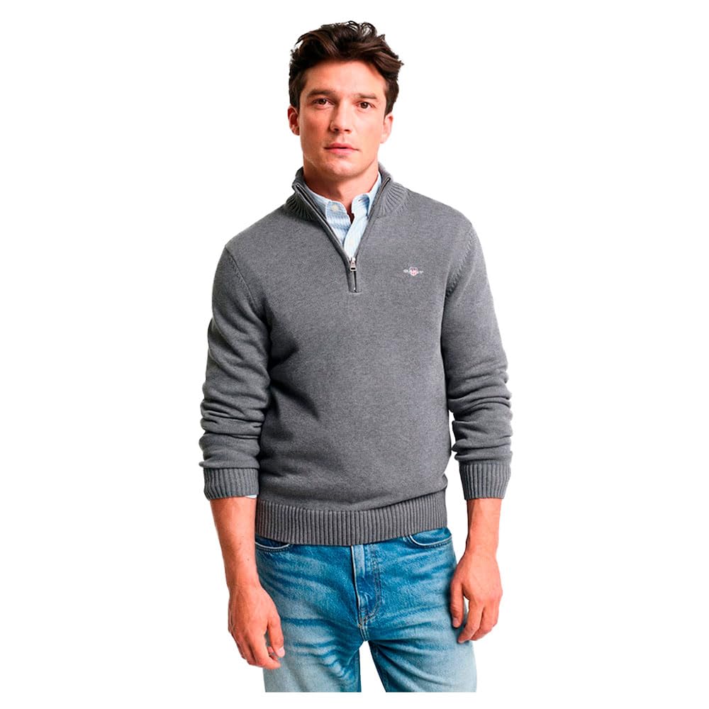 Gant Men's Dark Grey Melange Classic Cotton Half Zip Pullover Sweater (Pack Of 1), Dark Grey Blend, 4XL