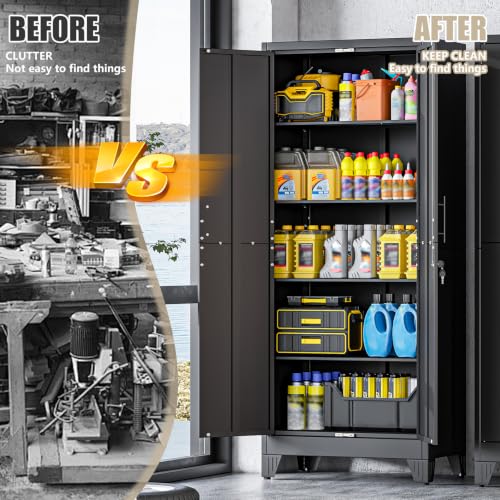 Image of PAOFIN Metal Kitchen Pantry Cabinet, 71 inch Tall Storage Cabinet with Lock Doors and Shelves, Freestanding Cupboard for Dining Room Living Room Furniture, Black