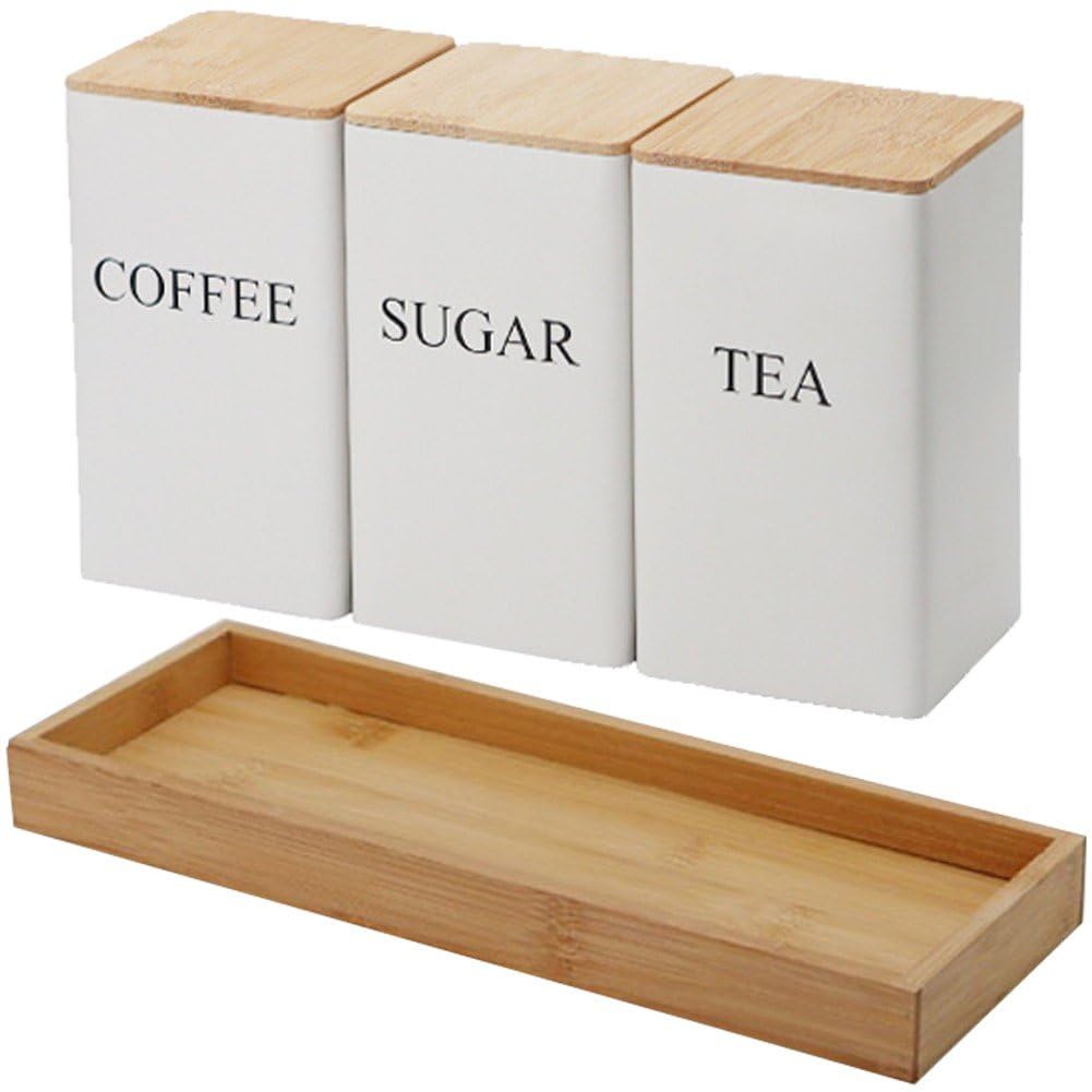 Luxylei Metal Tea Coffee Sugar Storage Jars Coffee Bean Storage with Bamboo Lid Tea Can with Wood Tray Kitchen Supplies