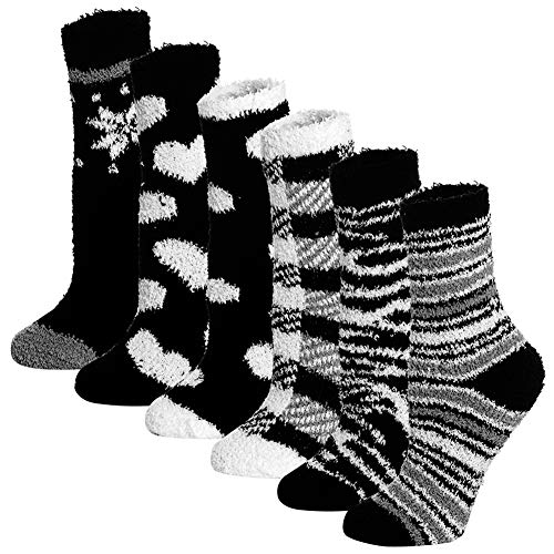 Womens Cozy Fuzzy Crew Socks Microfiber Soft Warm Winter Fluffy Slipper Casual Socks (Pack of 6) (Multi3-6Pack)