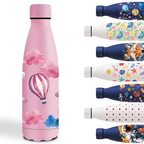Borraccia Termica, 500ml Borraccia Bambini, Borraccia Termica Personalizzata, Borraccia Metallo Senza Perdite, Borraccia Bambini Acciaio, per Scuola, Uffici, Campeggio, Ciclismo, Palloncino- Rosa