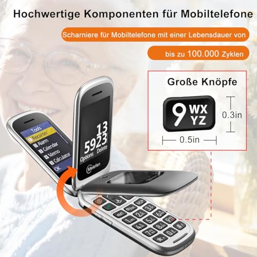 Melefon 4G Flip Handy für ältere Menschen, Telefon mit großer Taste, lauter Lautstärke, 2,4+1,44 Zoll Bildschirm, SIM frei freigeschaltet, SOS Taste, USB Typ C, Ladestation