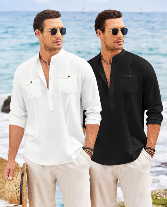 Image of Macsivo Combo of Men's Regular Fit Cotton Blend Solid Casual Short Kurta with Mandarin Collar and Pockets Kurta Pack of 2