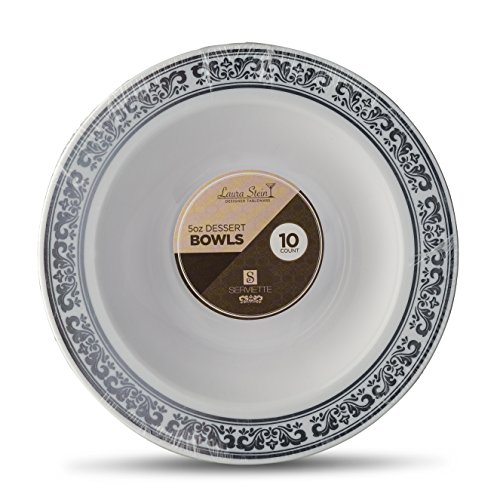 [10 Count - 5 Oz Bowls] Laura Stein Designer Tableware Premium Heavyweight Plastic White Dessert Bowl With Silver Designed Border, Party & Wedding Plate Serviette Series Disposable Dishes #TOP11