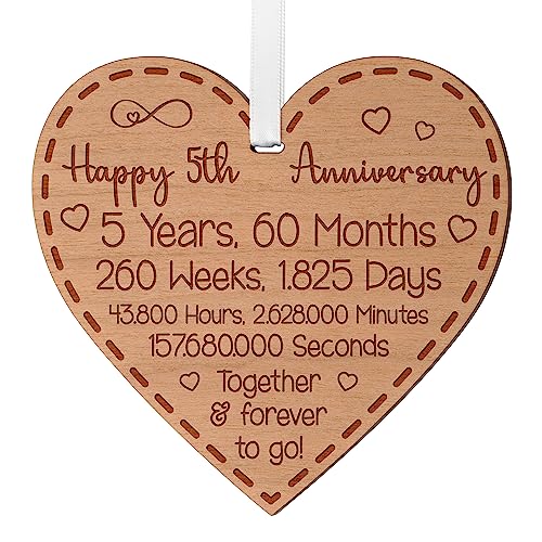 Blazing Eagle Designs 5th Anniversary Wooden Heart Keepsake - Engraved 5 Years of Love Gift Plaque with Ribbon - Eco-Friendly Romantic Present for Husband Wife & Couples