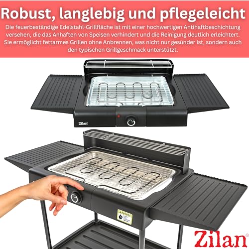 2in1 Elektro Grill Standgrill Tischgrill elektrisch 2.400 Watt - Elektrogrill für Balkon, Draußen & Drinnen mit Standfuß große Grillfäche Stufenloser Temperaturregler elektrischer BBQ Grill 6
