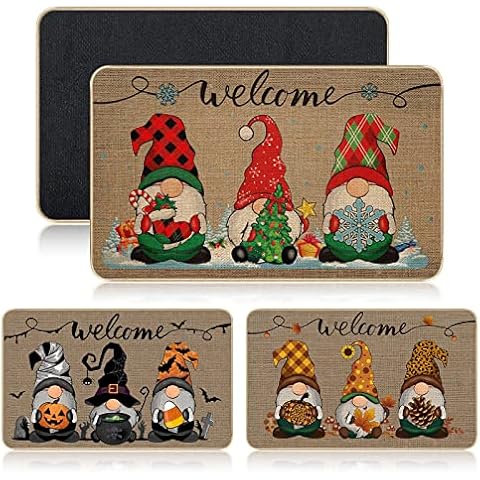 Shihanee 3 Pieces Halloween Welcome Gnome Doormat Thanksgiving Fall Greeting Doormat Autumn Doormat Rugs Christmas Gnome Door Mat Xmas Outdoor Doormats Entrance Patio Carpet Decor 28 x 17 Inch Cover