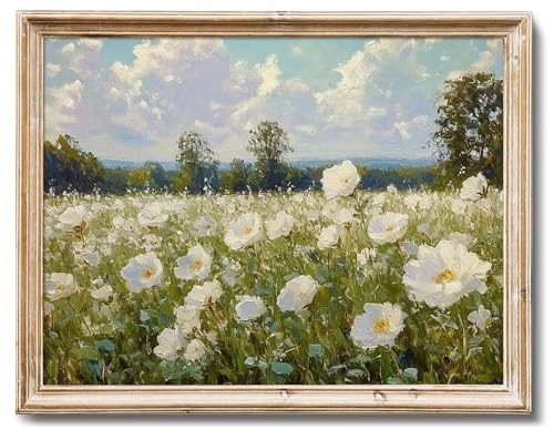 Image of RETRART Vintage White Wildflower Field Wall Art Botanical Landscape Print, Floral Wall Art for Farmhouse, Cottage, Living Room, Bedroom Flower Pictures Wall Decor -8x10 Inch Unframed Canvas