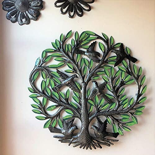 Painted Family Tree Of Life Wall Art, Colorful Haitian Steel, Handmade And Decorative, Home Decor Wall Hangings, Roots, Flowers, 24 In. X 24 In. (Green Tones Painted Tree) #TOP6