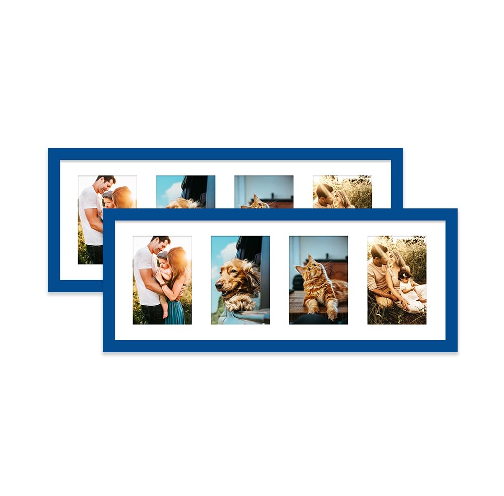 Blue Multi Photo Frame - Holds 4 x 6x4 Pictures, Family Collage Picture Frame for Wall Display, 8x22 Panoramic Frame Size, Set of 2