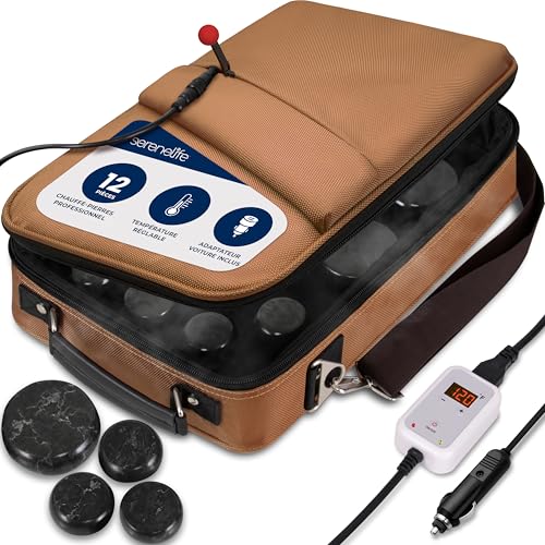 SereneLife Set Chauffe-Pierres Massage – Massager Chauffant Spa & Kit Chauffage avec 6 Grands et 6 Petits Pierres de Basalte Ronde, Contrôle Numérique de...