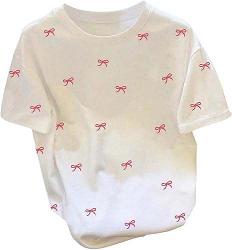 SHENHE Camiseta de manga corta con cuello redondo y lazo para mujer, camiseta estética coqueta de verano